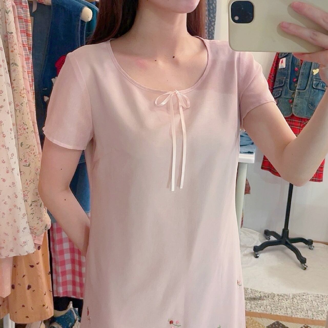 flower embroidery pink sheer one-piece