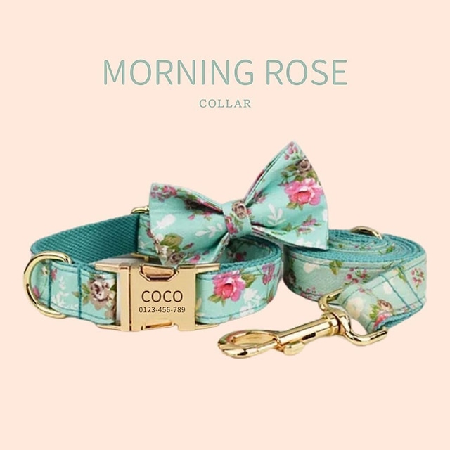 【モーニングローズ】迷子札付犬の首輪＆選べるリボン、フラワー、リード