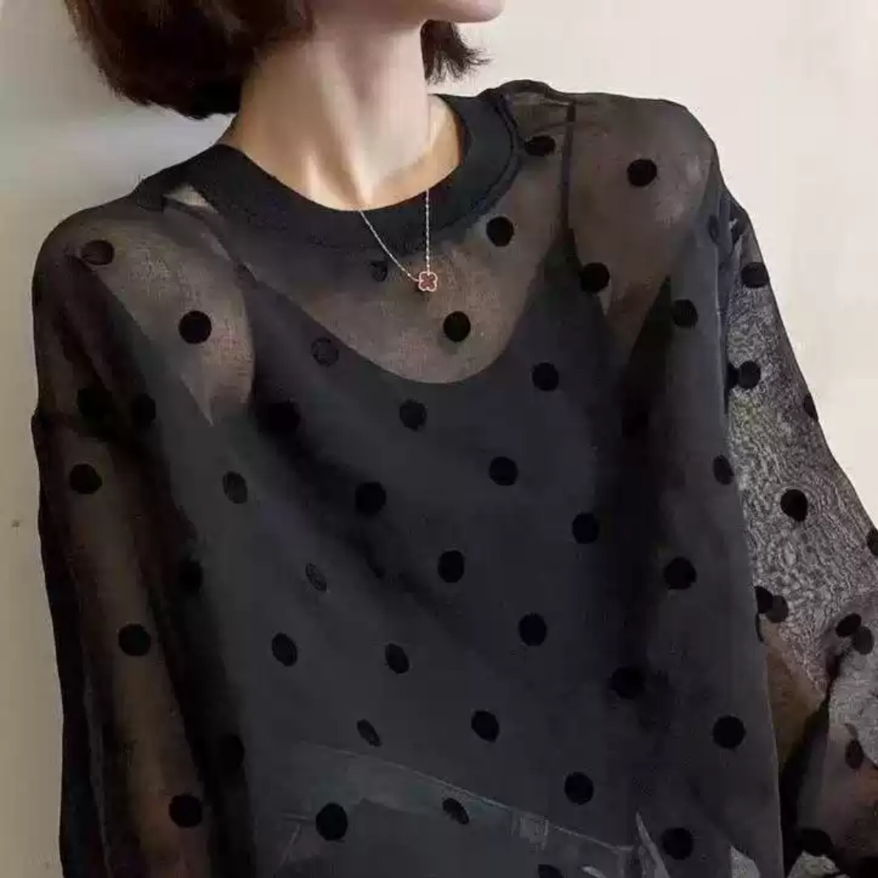 Polka-dot long-sleeve sheer shirt(ME484)