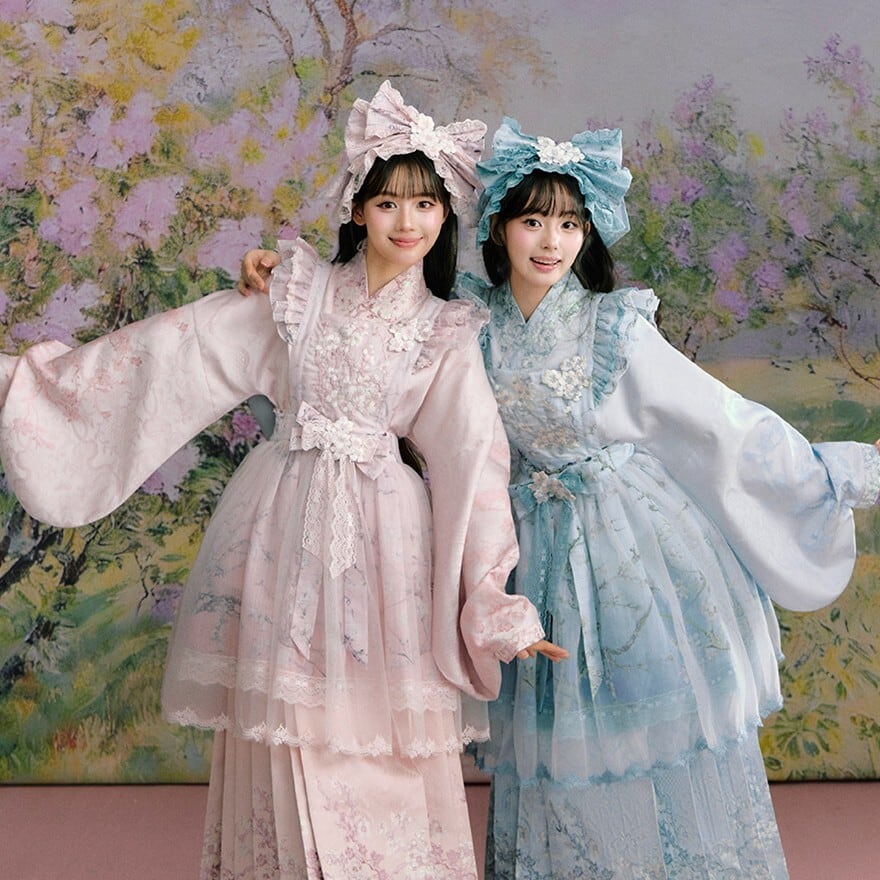 中華ロリータ 花刺繍レースヘアバンド リボン髪飾り