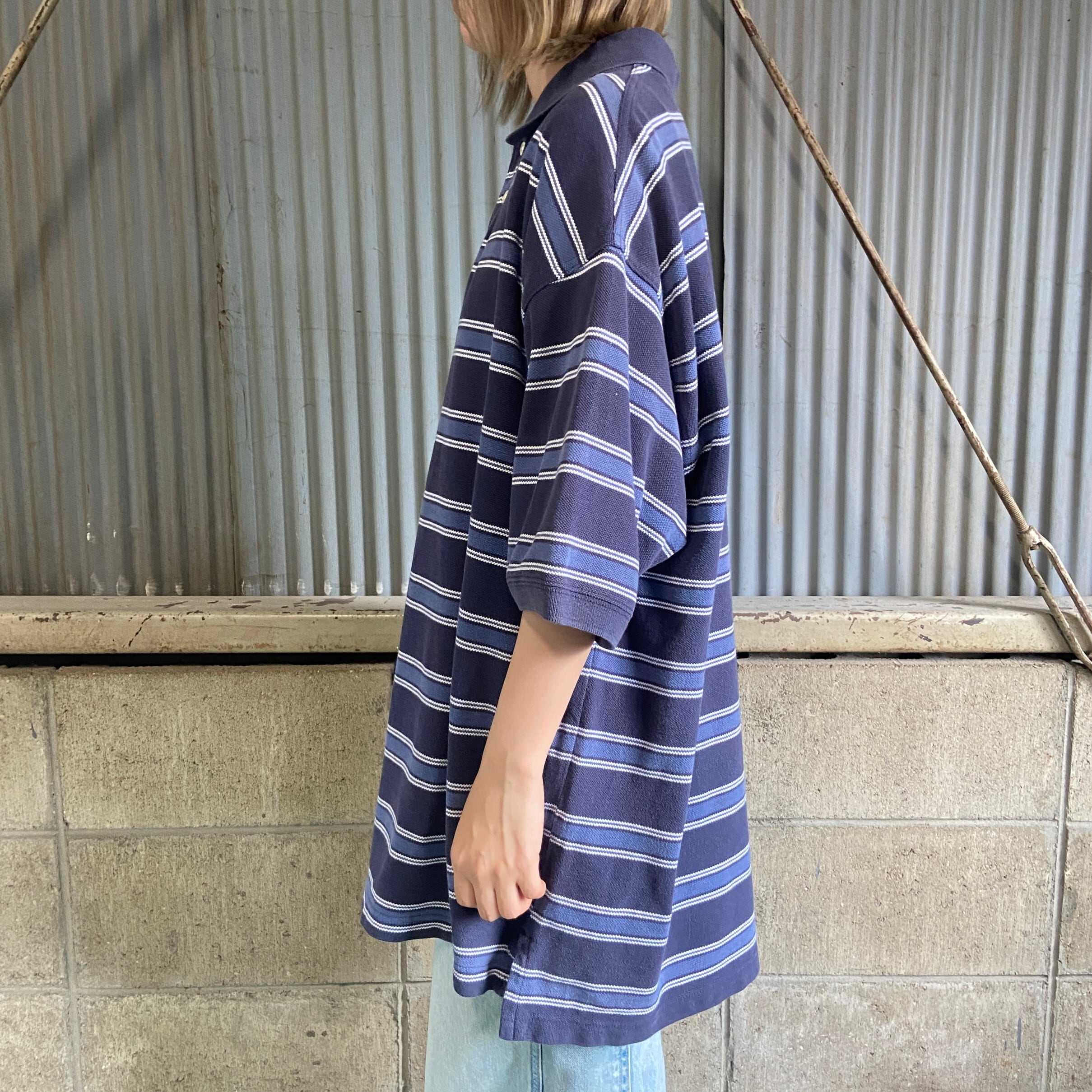 vintage ヴィンテージ GAP ギャップ ポロシャツ 青 ボーダー タオル地 パイル地 S ビンテージ 希少 正規品 古着 カジュアル スポーツ ウェア ドレス ビジネス 90年代 OLD GAP オールドギャップ 鹿の子 ボーダー ポロシャツ メンズL