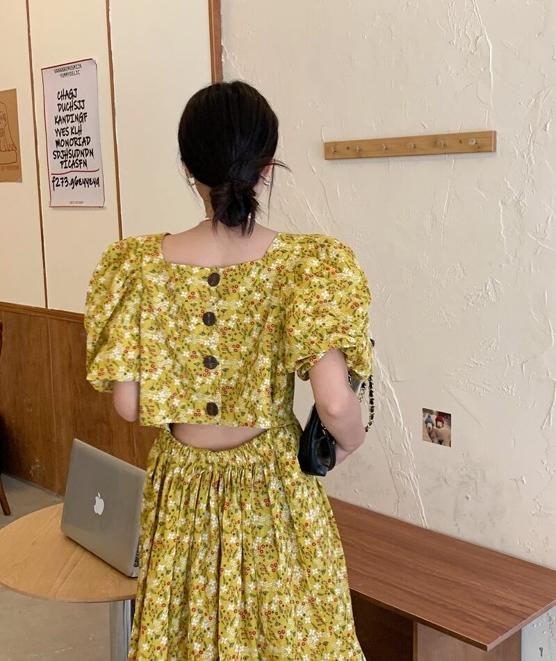 フローラルスリーブドレス サマースタイルウェスト薄手Aラインロング 夏物 花柄 スクウェア ビッグFスモールZ韓国33362655918