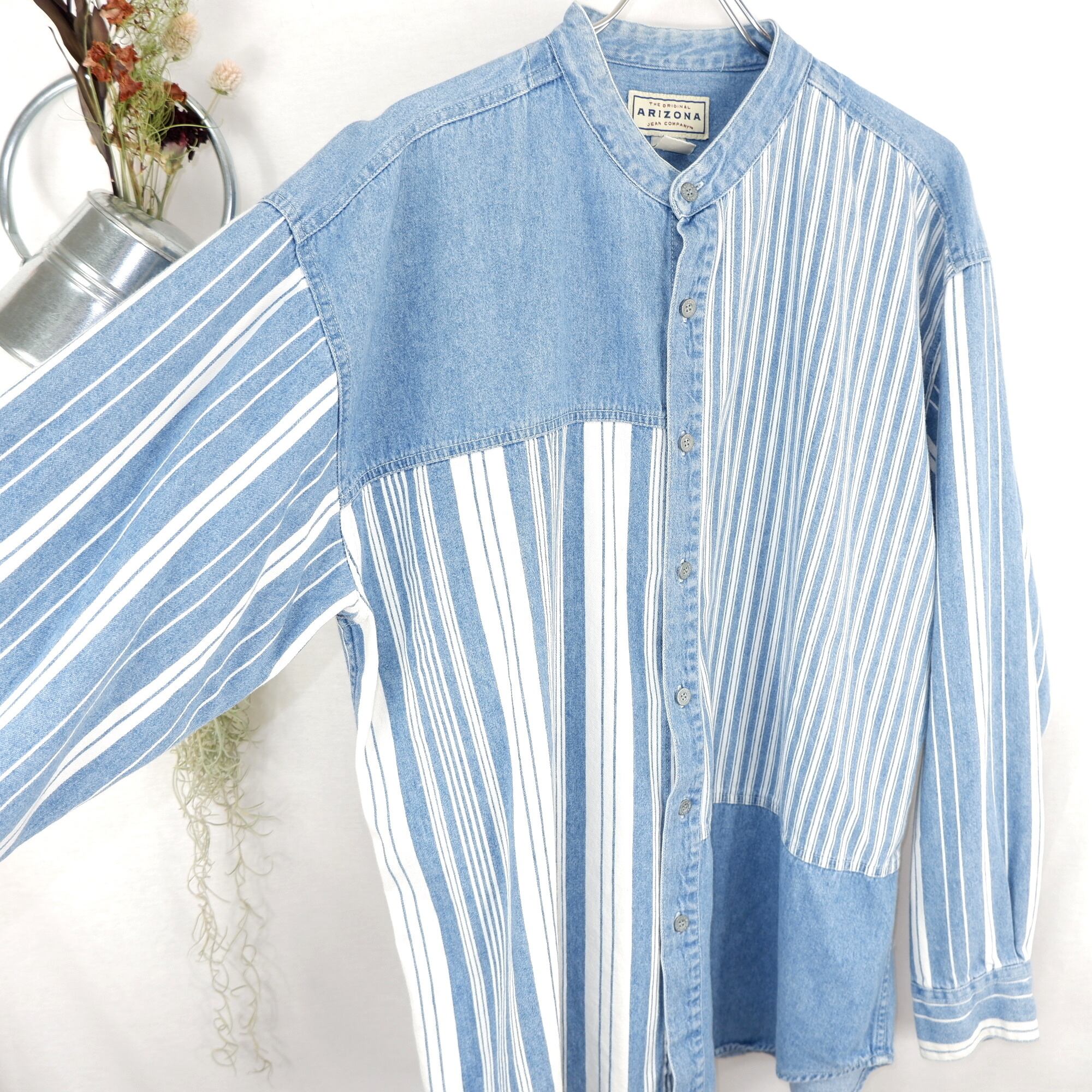 [L] Asymmetry Band Collar Denim Shirt アシメントリー バンドカラー デニム シャツ きれいめや