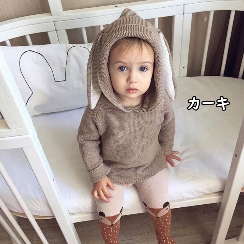 子供服 セーター 女の子 男の子 フード ジャンバー ジャンパー ウサ耳 うさ耳 うさぎ ウサギ キッズ ベビー ジュニア 子ども服 こども服 子ども 子供 秋服 冬服 秋 冬 かわいい おしゃれ 韓国子供服 韓国 ホワイト グレー カーキ コットン ニット 80 1cm Be0907l4