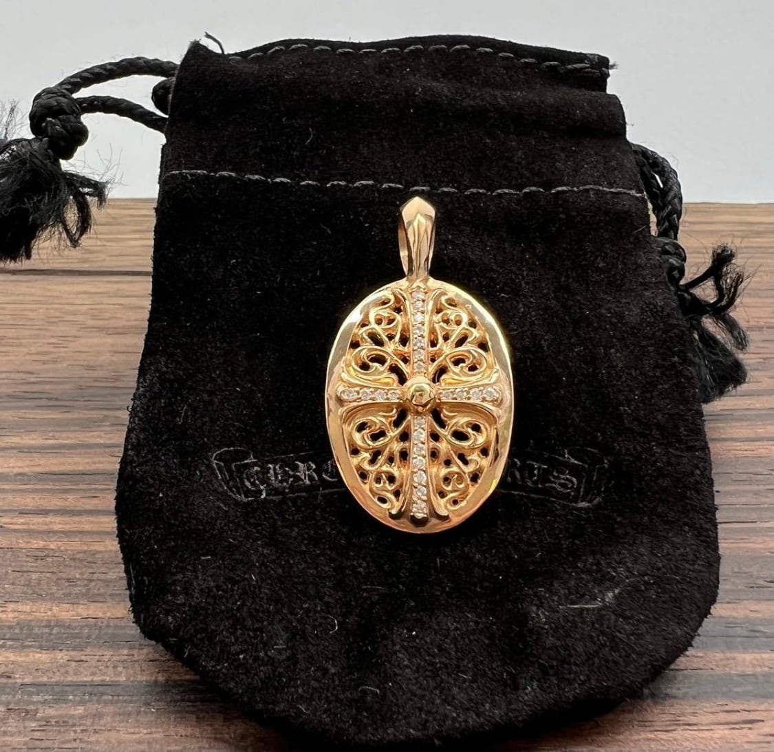 CHROME HEARTS クロムハーツ タイニー オーバルクロス パヴェダイヤモンド ペンダント 22K ゴールド トップ ネックレス