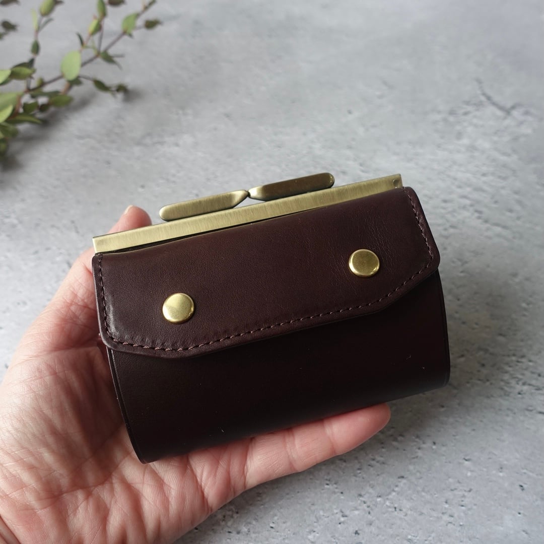 三つ折りがま口財布 イタリアンレザー《ダークブラウン》【送料無料  