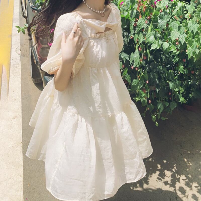 ドレス リボンスリーブスタイルサマースカート 大人ガーリー スウィート キュート カジュアル 夏物 スクウェア 萌量不足37553981112