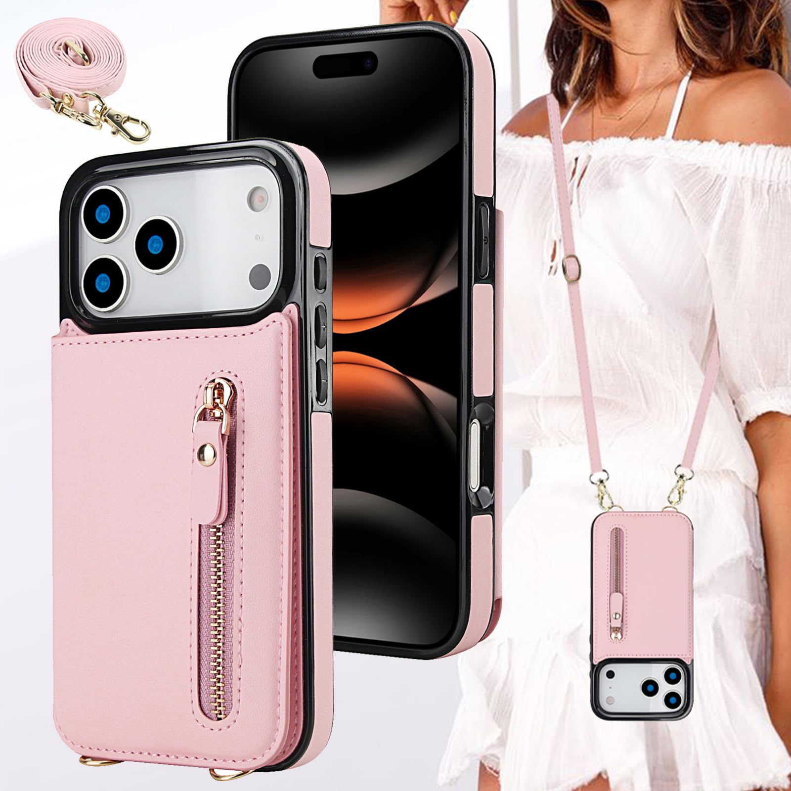 BonwFzin 適用 IPhone 17 Pro MAX ケース ショルダー ストラップ 背面 フリップ 紐付き アイホン 17プロマックス スマホケース 手帳 アイフォン 17プロマックスケース RFID防止 肩がけ 首掛け 斜め掛け 小銭入れ ファスナー型 ストラップ付き スタンド カード入れ ピンク