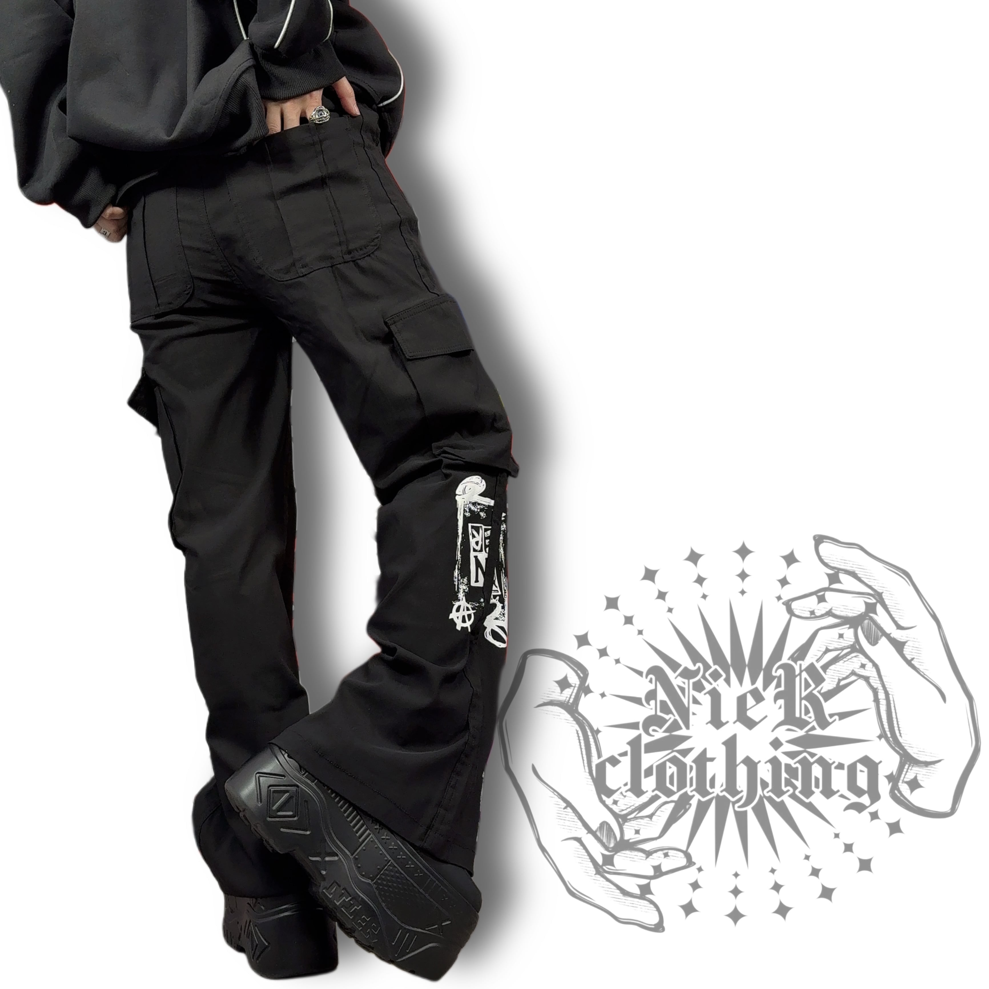 6POCKET BLACK CARGO PANTS【LOGO GRAPHIC】 | NIER CLOTHING