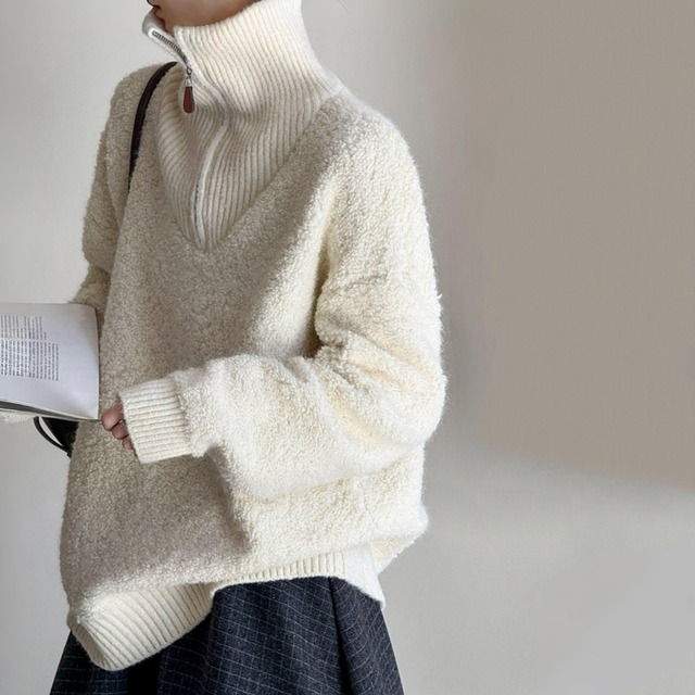 ハーフジップタートルネックブークレニット　A01948