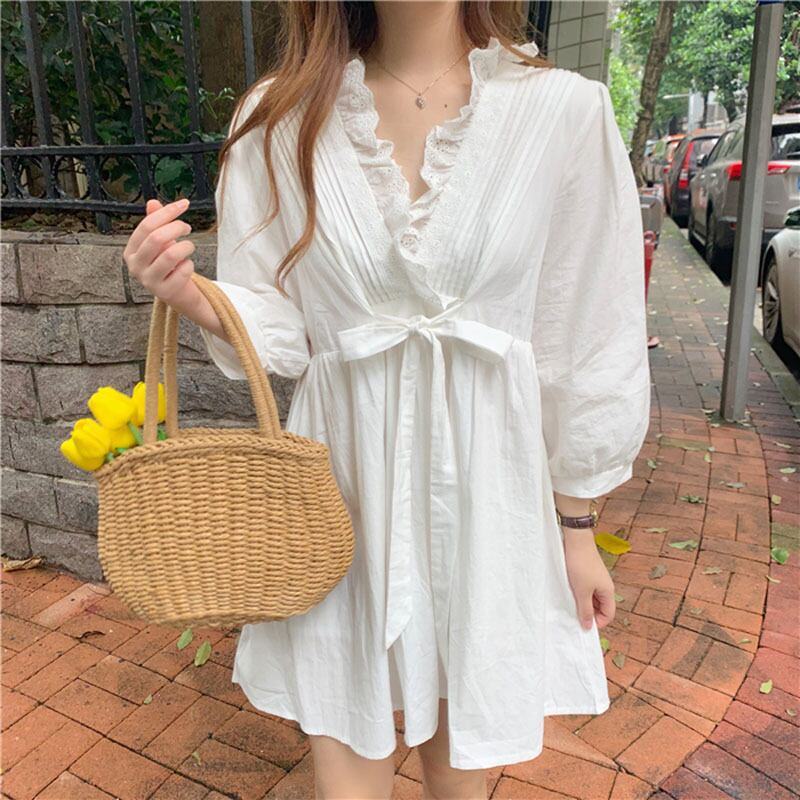 カレッジスタイルの長袖Vネックウエストと薄いウエスタンフェアリースカートホワイトの2020年夏の新しいドレスの女性バージョン YY-ファッション67342142156