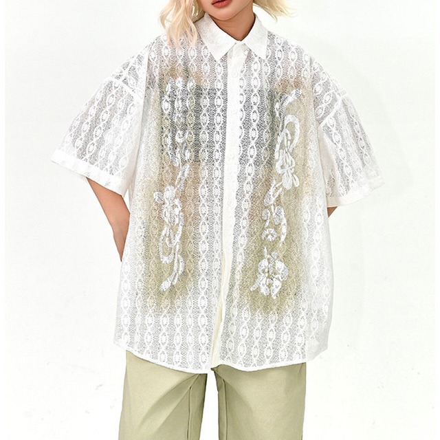 フラワーグラデーションレースビッグシャツ 1col   R01686