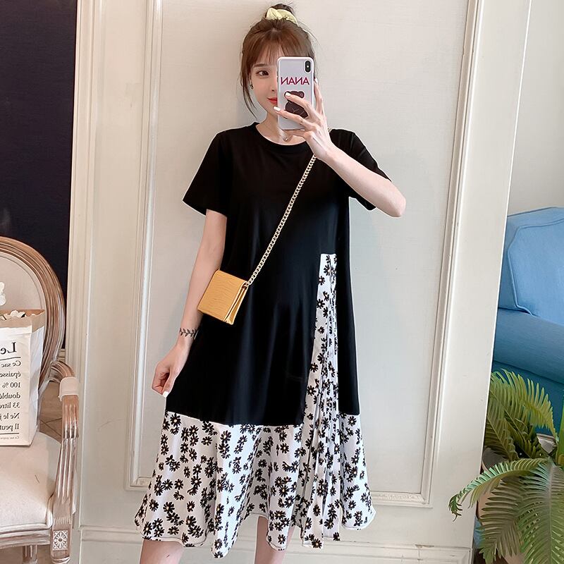 【新作】【送料無料】 マタニティウェア2020夏の新しい小さな菊の偽のツーピースルーズドレス、トレンディな母親のミドル丈マタニティドレス-アリババ サマー 夏物 expec249676207504