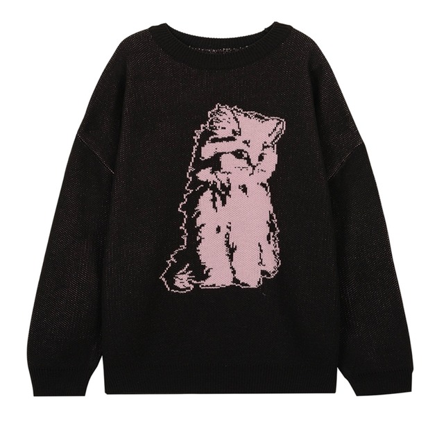 [ITZABIVE] THINKING PINK CAT KNIT - BLACK 正規品 韓国ブランド 韓国通販 韓国代行 韓国ファッション イッザバイブ 日本 店舗
