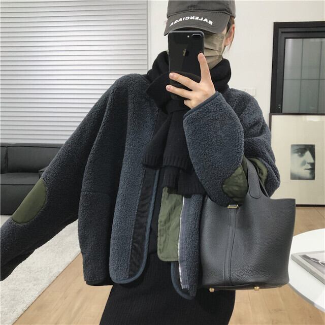 ブルゾン レディース アウター シンプル カジュアル 異素材ミックス ネイビー/ベージュ/ブラック ワンサイズ