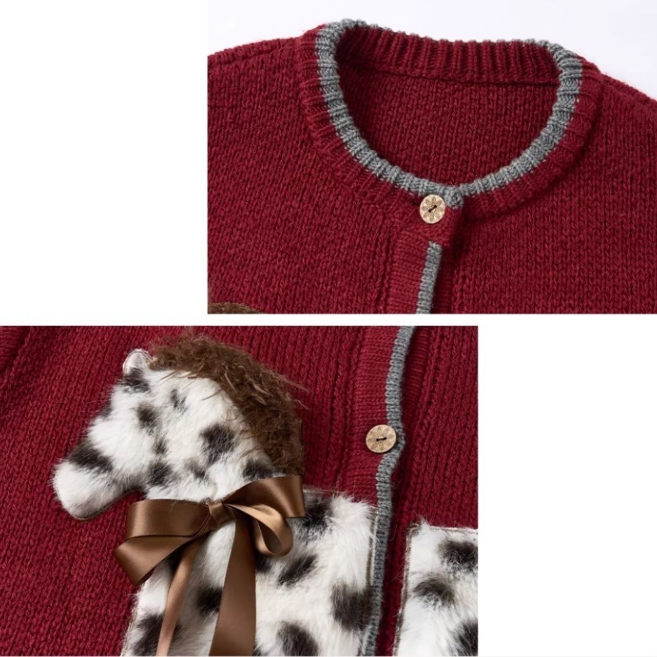 夜更けの森で佇む白斑馬のリボンニットカーディガン E00627