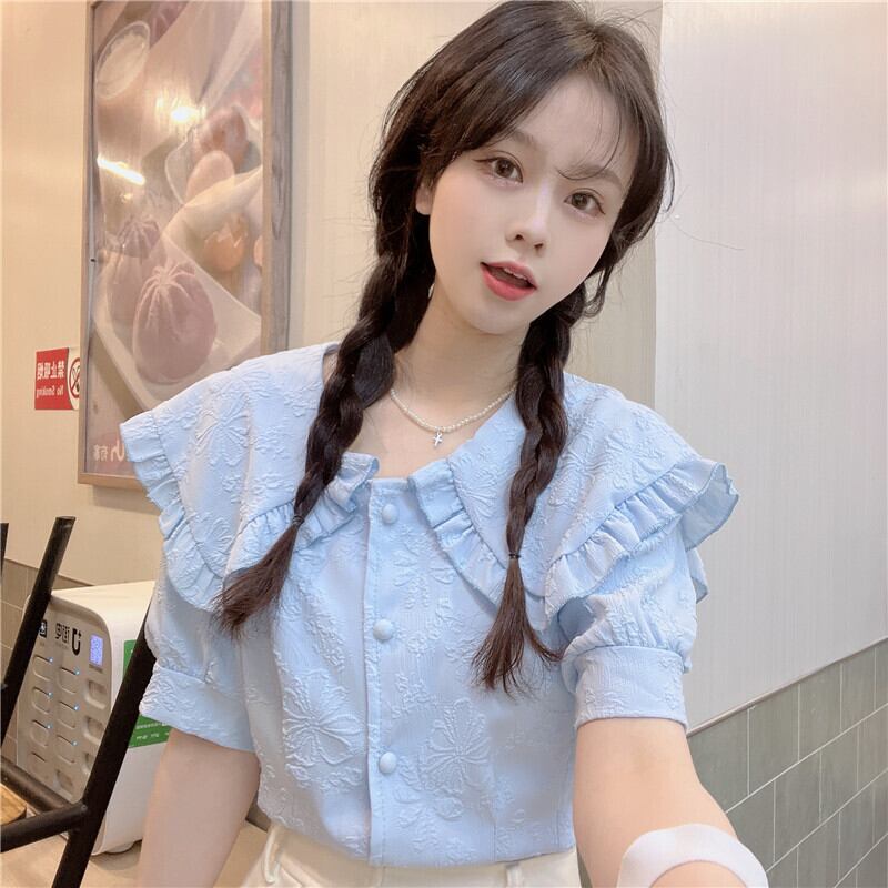 フリルカラーブラウス シャツ トップス フラワー 花柄 半袖 ガーリー 大人可愛い 韓国ファッション 2color Luluca 韓国 トレンドファッションluluca ルルカ