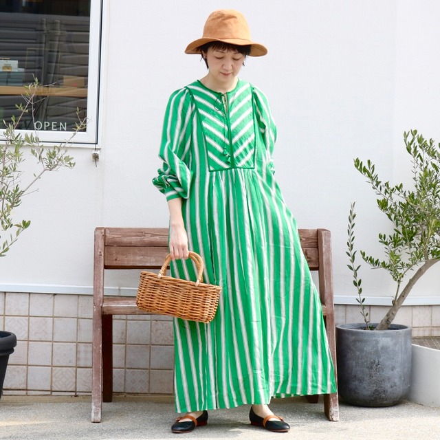 ne Quittez pas / Cotton Voile Stripe Gather Dress｜Green