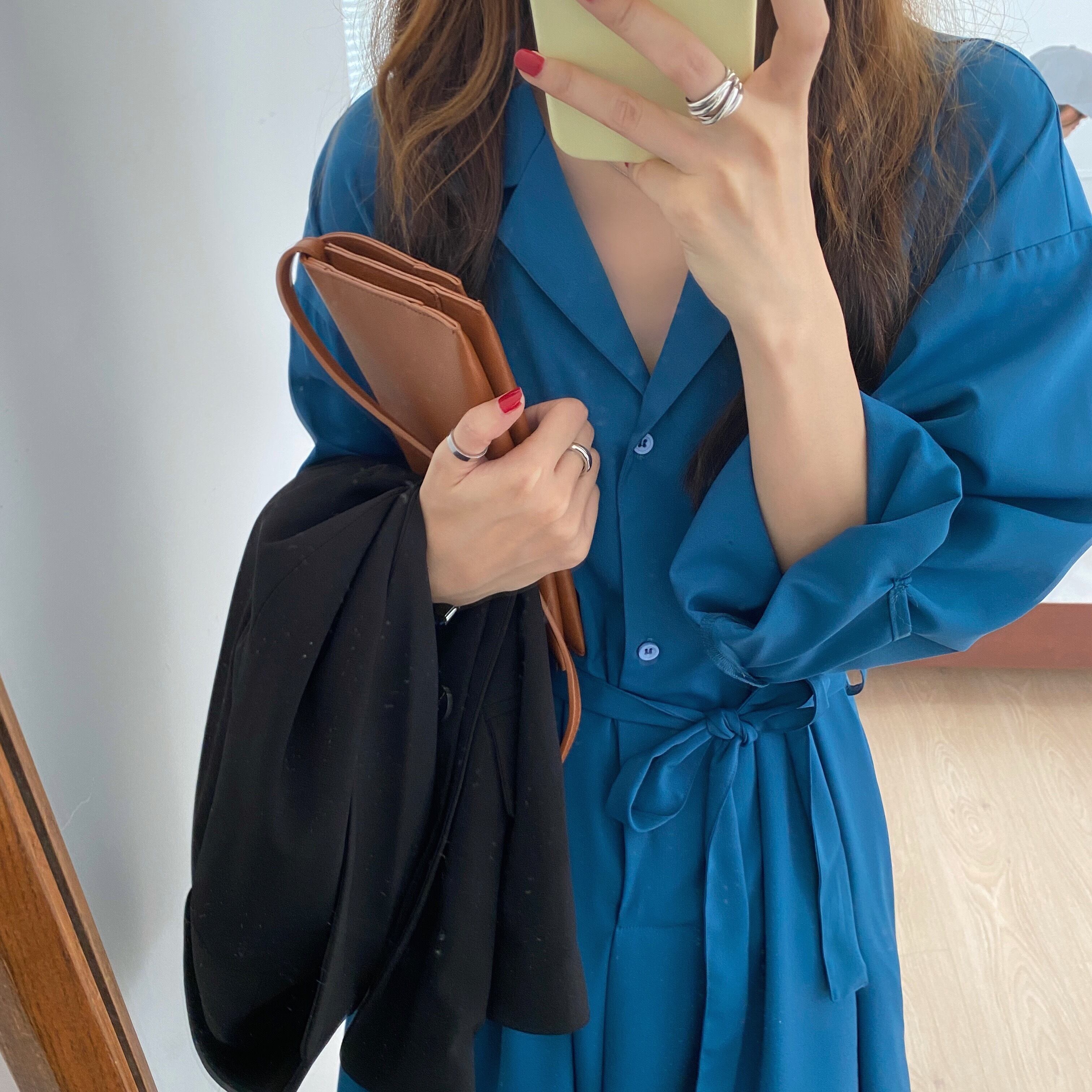 シングルカラーシャツ スカート スタンダードベルト 薄手ルーズドレス ロング レトロ ハーネス ビッグFスモールZ韓国19188587859