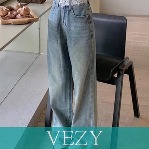 レースウエストデニムパンツビジューデニム ラインストーンジーンズ ヴィンテージデニムロングパンツ ゆったりストレートパンツ 着やせジーパンハイウエスト ボトムス VEZY ベジー ItemNo.【22567704】