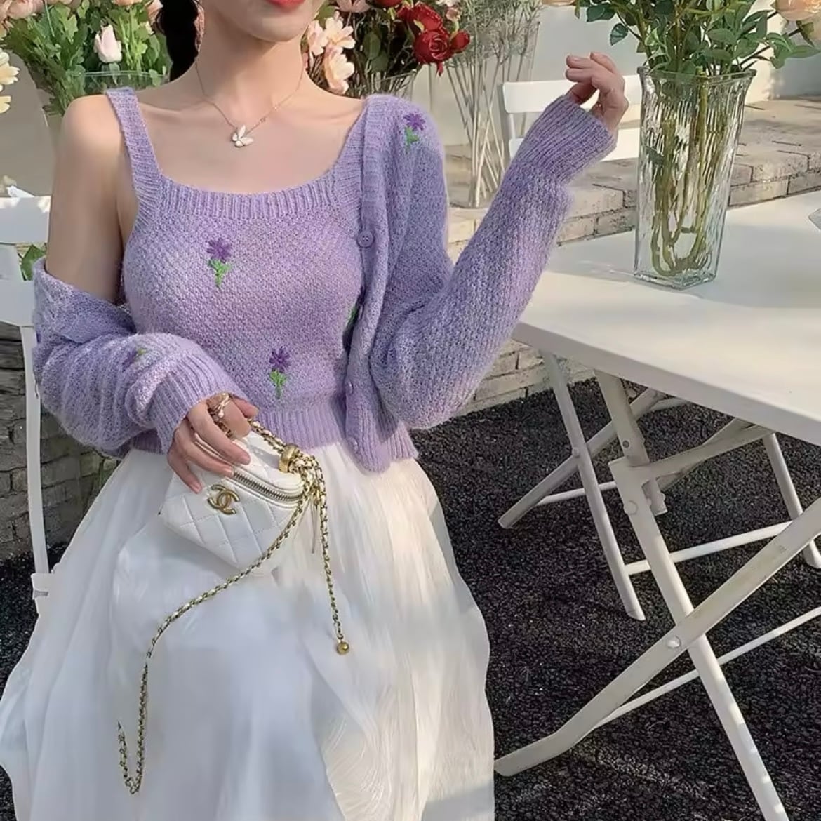 フラワーステッチカーディガンセット