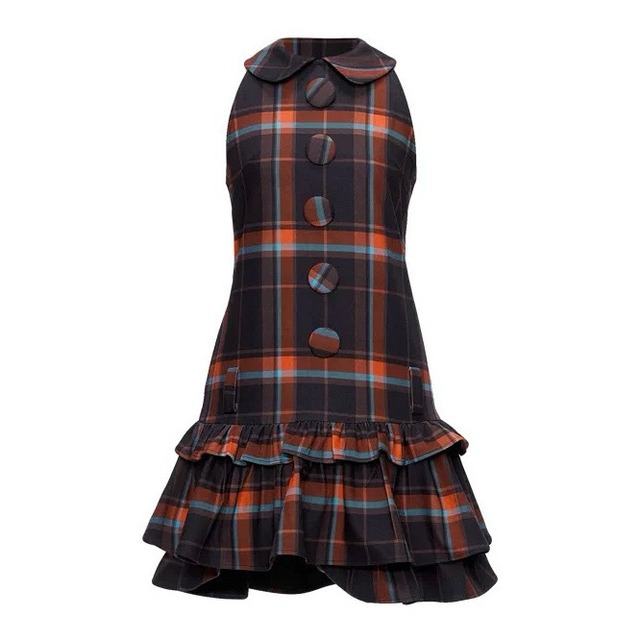 [YOSHUYUKI] Black Orange Plaid Shoulder Dress