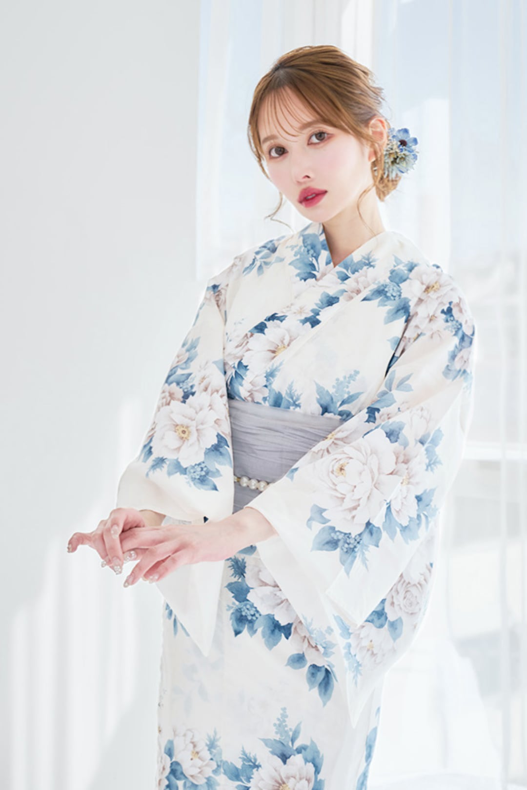 浴衣4点セット classical aqua blue flower【兵児帯ライトグレー】 Y5