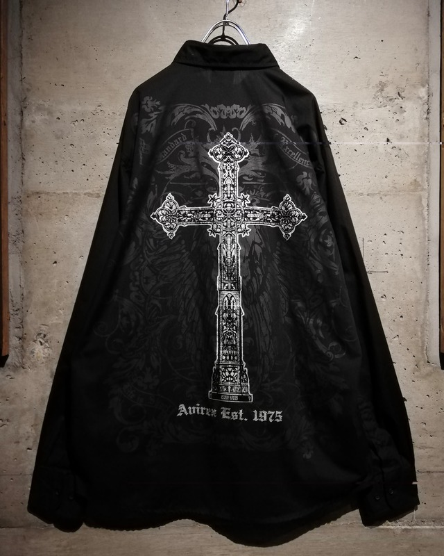 【Caka】“AVIREX” Gothic Print × Embroidery Design Vintage L/S Shirt