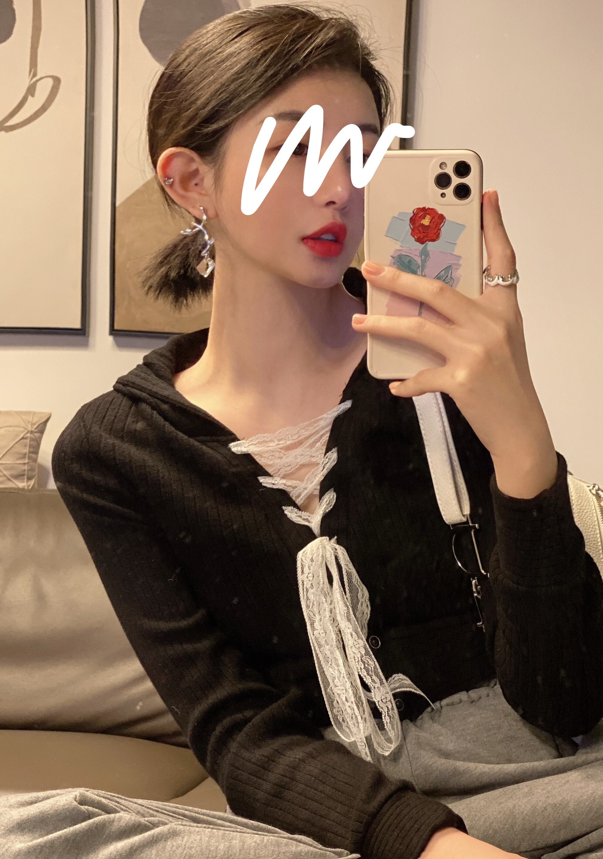 ニット レースブラックシャツ スプリングカーディガンセーター トップス リボン 春物 ブラックストロベリース30503336892