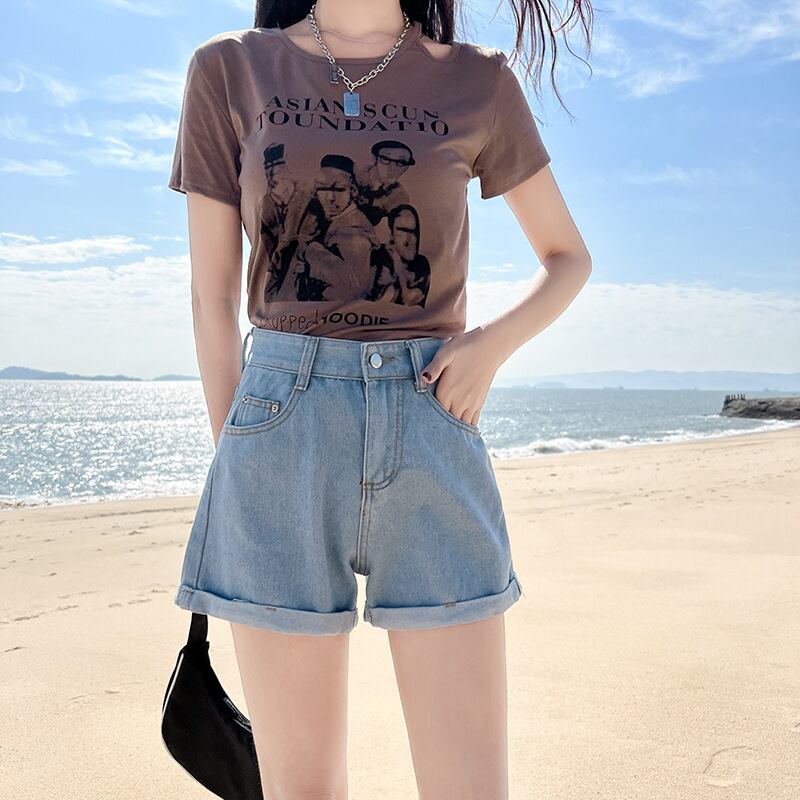 【新作】【送料無料】 夏用の新しい女性用デニムショートパンツ、ロールヘム、レトロなハイウエストパンツ、スリムなワイドレッグパンツ、小柄な人向けのトレンド 0317889183262