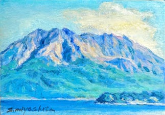 油絵 桜島と電車 SMサイズ | 癒しの風景アトリエ一絵 宮下昭二