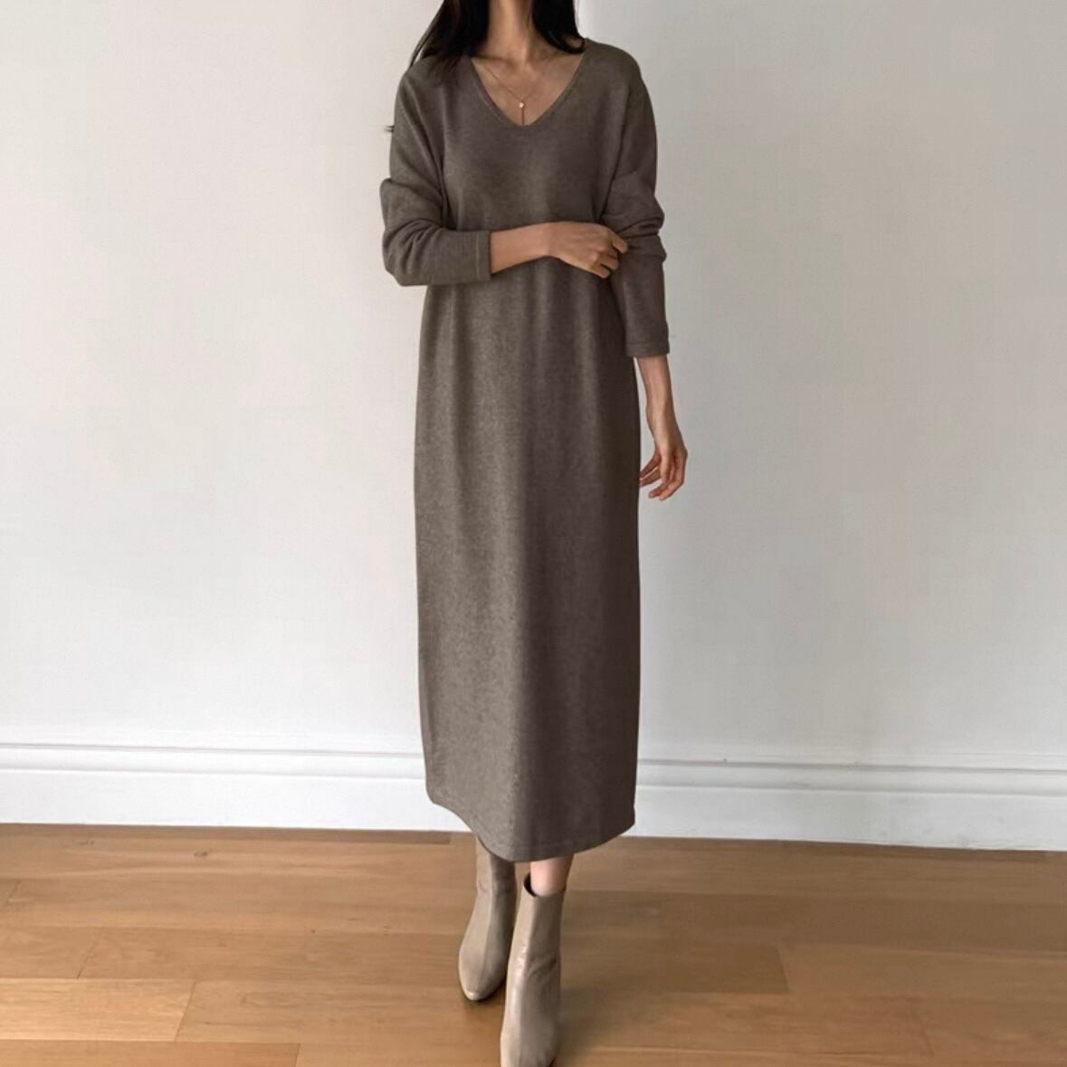 Vネック 長袖 マキシ丈 ワンピース ◆3col YH9813