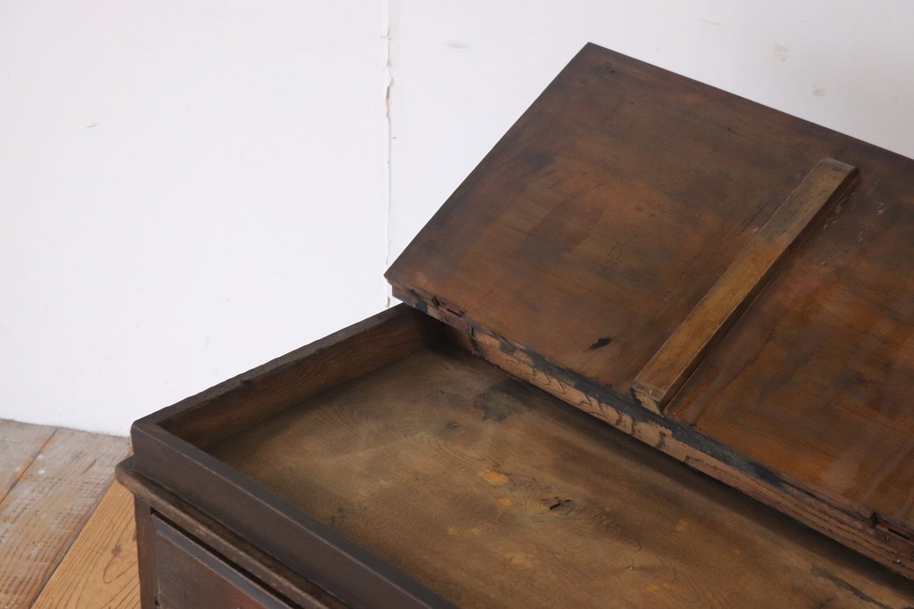 レトロ 文机 ローテーブル 座卓 帳場机 跳ね上げ天板 無垢材 引き出し