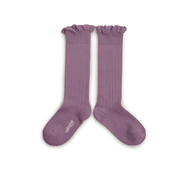 Collegien / Joséphine Lace-Trim Ribbed Knee-high Socks - Glycine du Japon