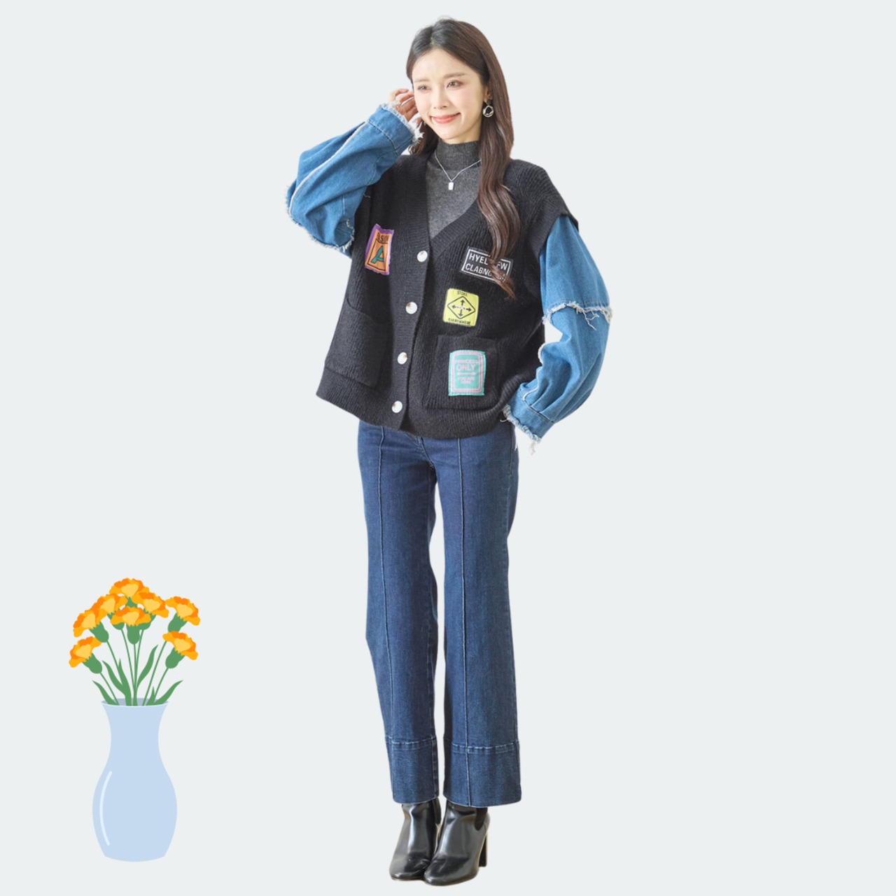 【SALE 31%OFF 4/10 10:00まで】TRUBE デニム袖リブニットドッキング ワッペンカーディガン 【M~L】ブラック