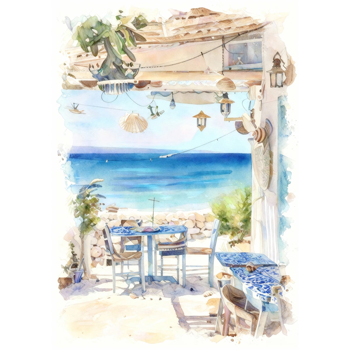 絵画 風景画 夏 ギリシャ エーゲ海沿岸部のレストラン インテリアアート額付き 水彩画風 WAT1661