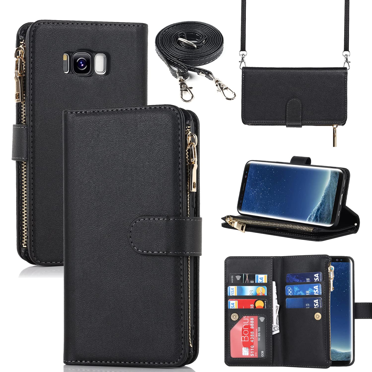 Pelanty for Galaxy S8 縄掛けケース手帳型 SC-02J SCV36 携帯カバー 肩掛け斜めがけ ショルダー 合成皮革+TPU マグネット 財布型カバー ICカード お札入れ小銭入れ大容量 収納ポケット スタンド機能 サムスン ギャラクシーS8 ストラップ付き 落下防止 耐衝撃 全面保護(肩縄付き-ブラック)