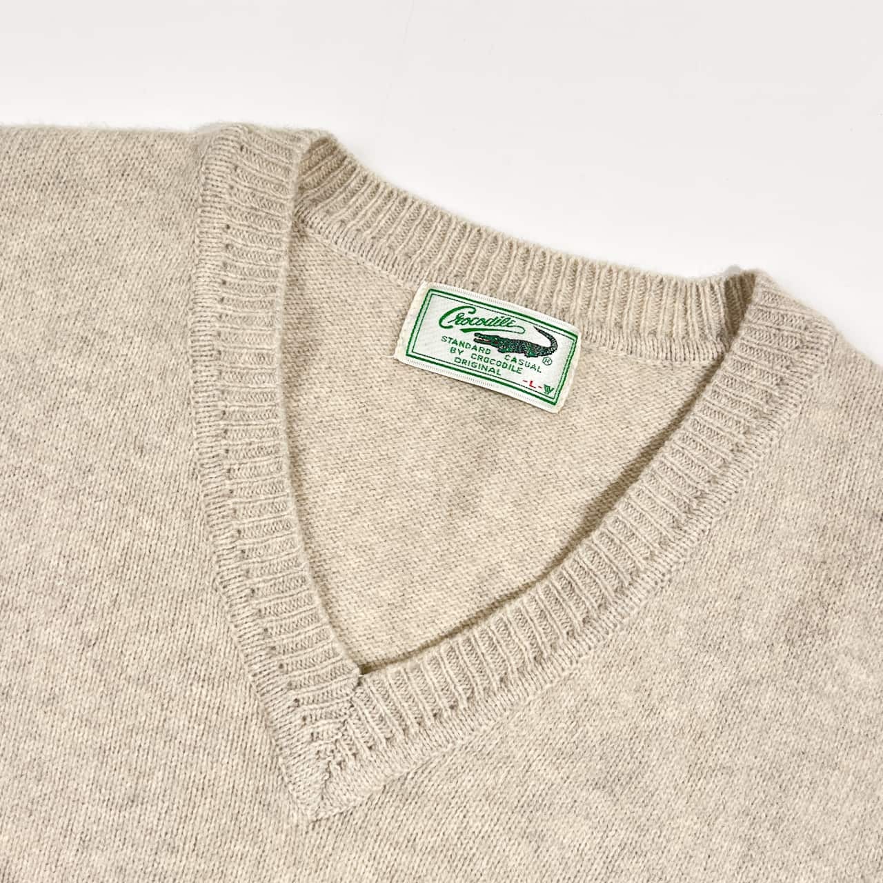 Crocodile クロコダイル ワンポイント刺繍 Vネック ウール ニットベスト L/ライトグレー ベージュ系 メンズ