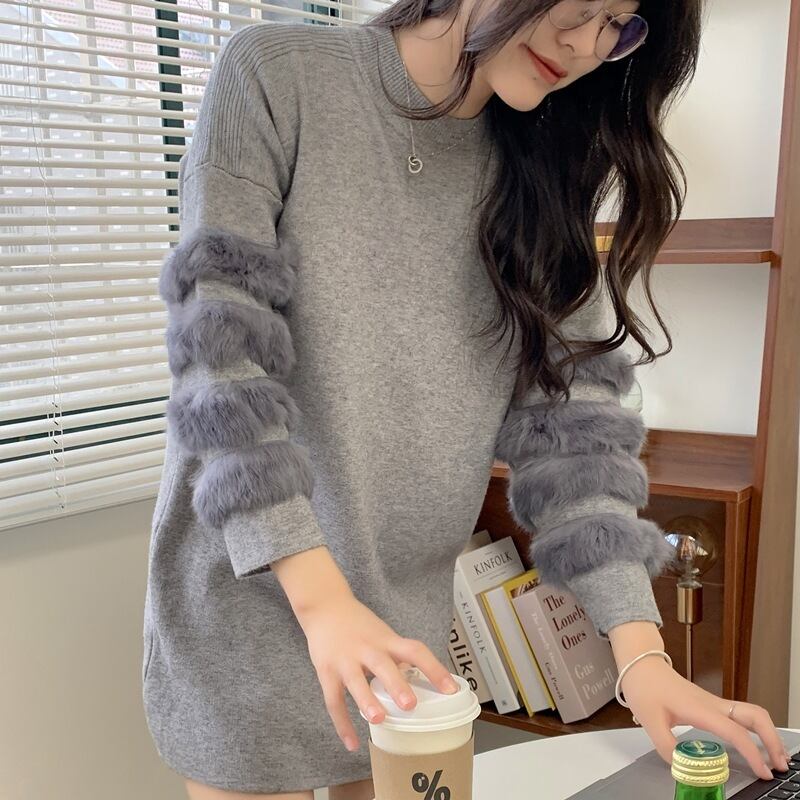 【dress】袖ファーニットミニワンピース N2268