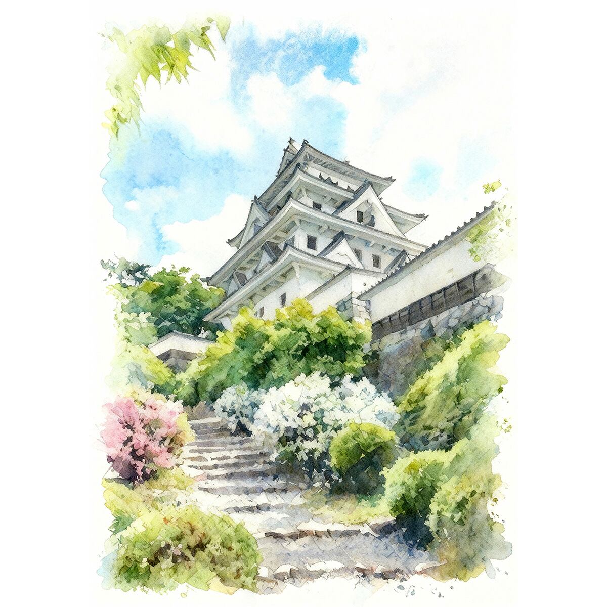 絵画 風景画 日本の 城 福井県 丸岡城 インテリアアート額付き 水彩画風 WAT1733