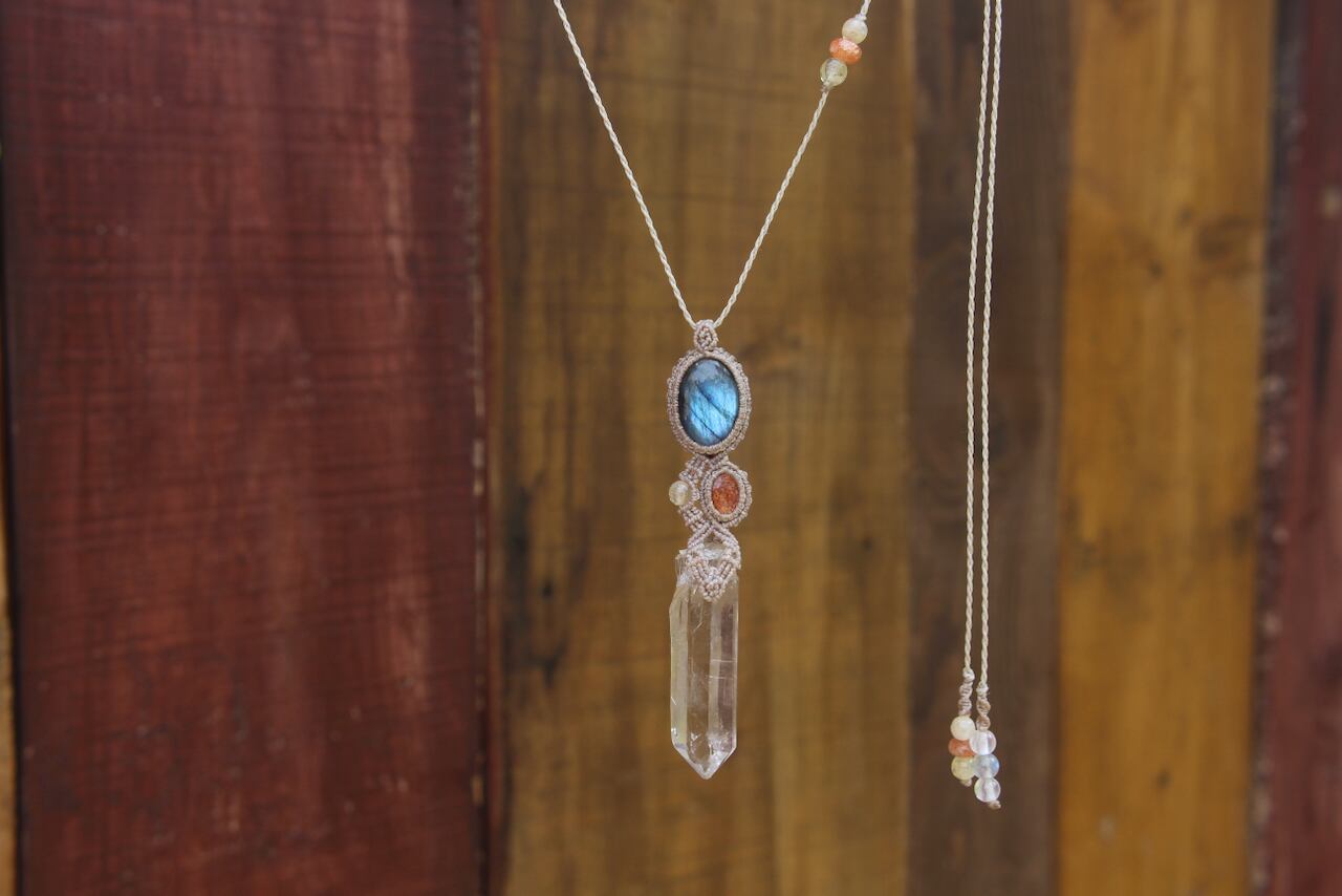 Himalayan crystal & Labradorite & Sunstone micro macrame pendant