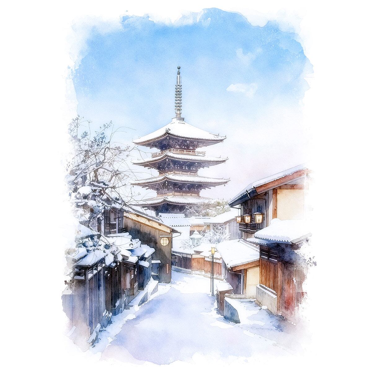 絵画(風景画) 日本 京都府 雪の産寧坂、八坂の塔周辺 インテリアアート額付き 水彩画・油絵調 WAT1171