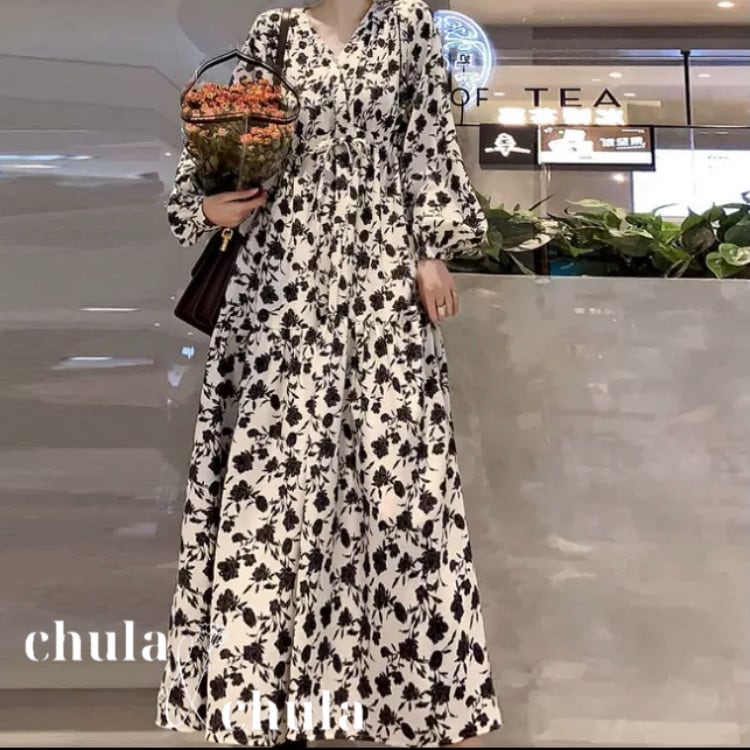 大きいサイズ レディース韓国ファッション 花柄vネックロングワンピース シフォンワンピース パフスリーブ ロング丈 フェミニン カジュアル Ch3504 可愛い大きいサイズ韓国レディースファッション通販 Chulachula チュラチュラ