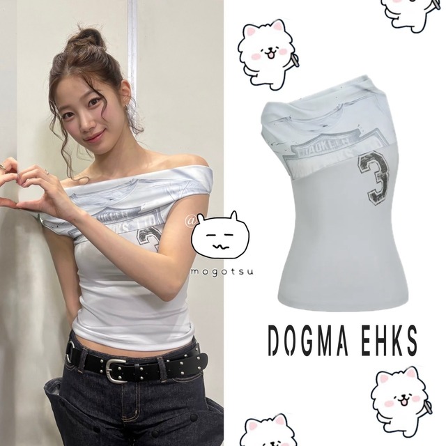 在庫少なめ！★LE SSERAFIM カズハ 着用！！【DOGMA EHKS】DRAPED OFF-SHOULDER SLEEVELESS LIGHT BLUE