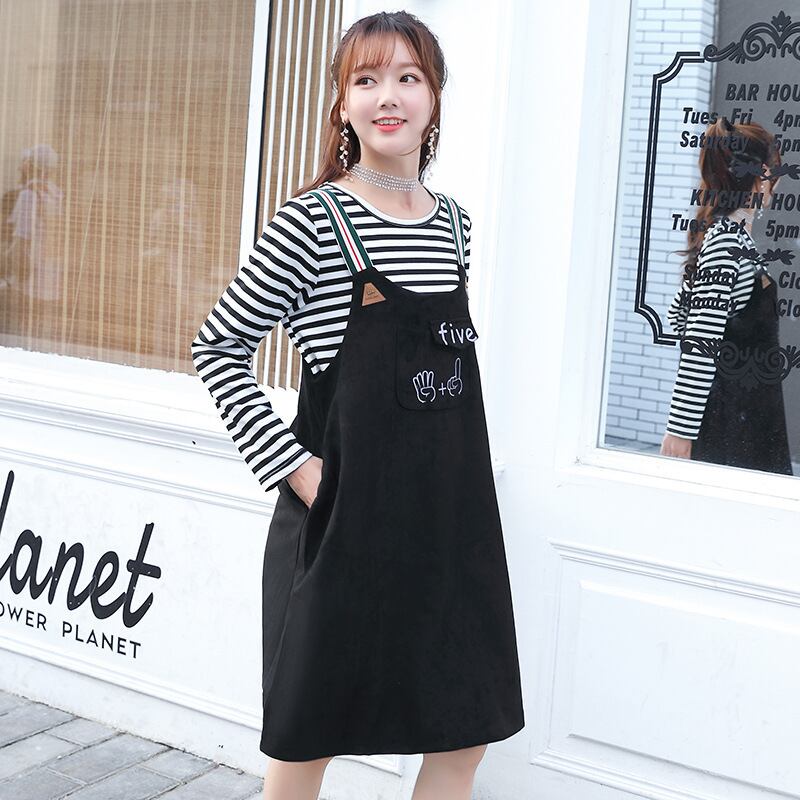 【新作】【送料無料】 マタニティウェア2020秋冬の新しい流行の母親妊娠中のツーピースセット年齢を減らすストライプトップ+ミドル丈サスペンダースカート-アリババ オータム 秋物 ウィンター 冬物 expec295384641147