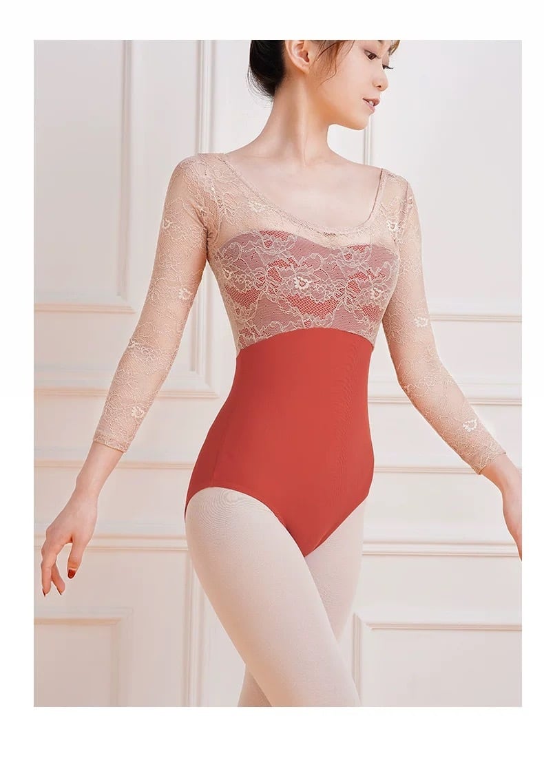 レーススリーブ バレエレオタード (Red) | バレエショップ Snowflake