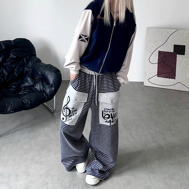 ミュージックグラフィックボーダーワイドシルエットパンツ 1col R02817
