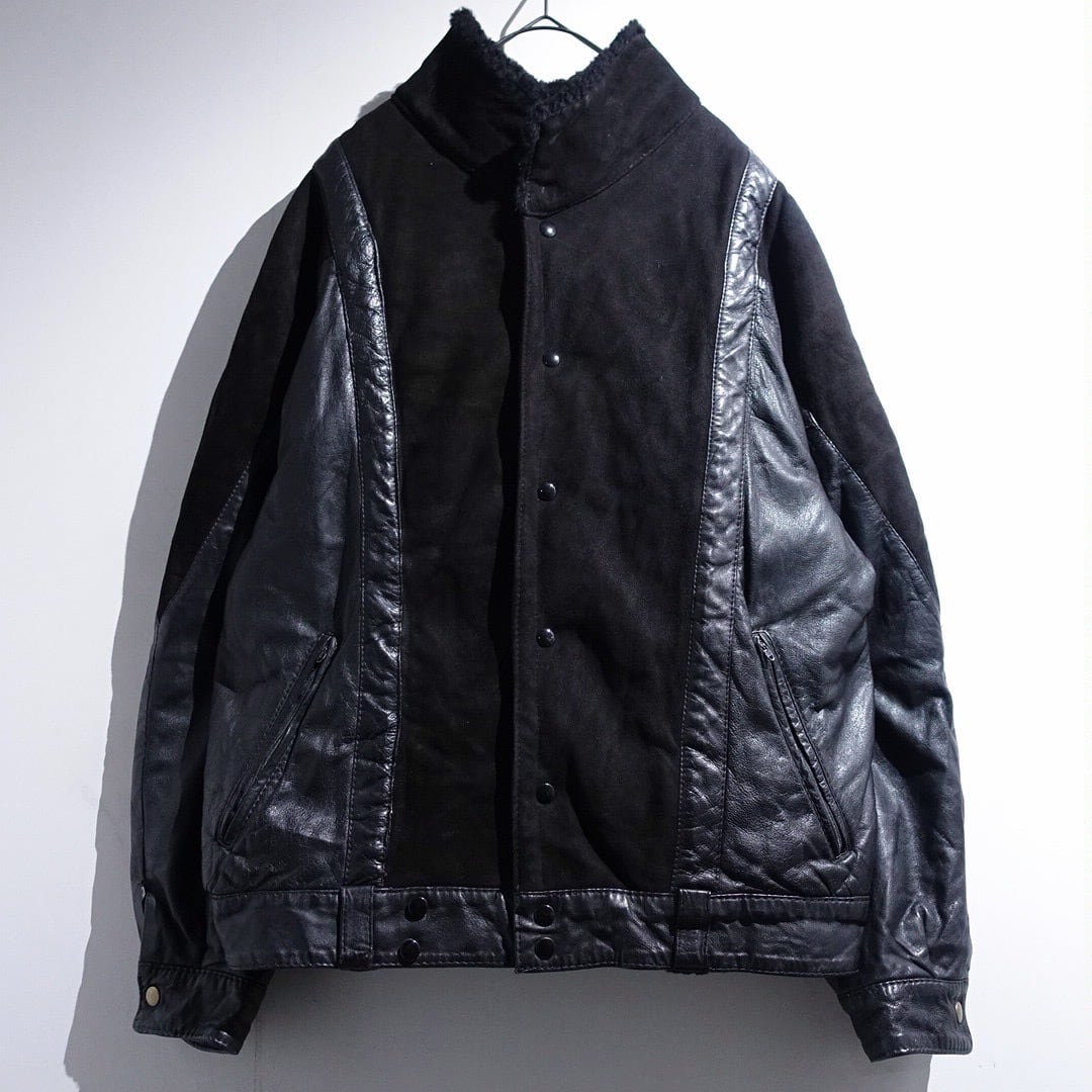 Black Real Mouton & Leather Switching Design Jacket