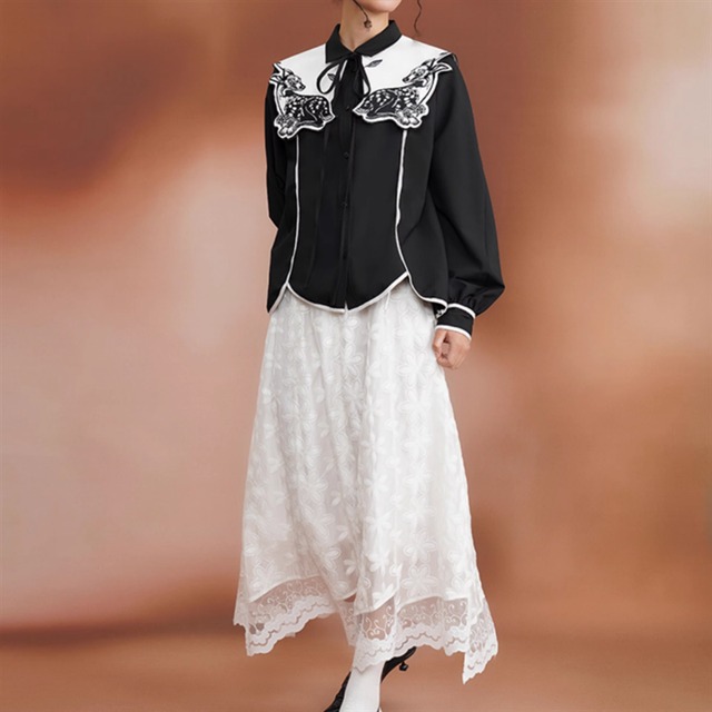 【Camoooni】小鹿刺繍ビックカラーブラウス　10970