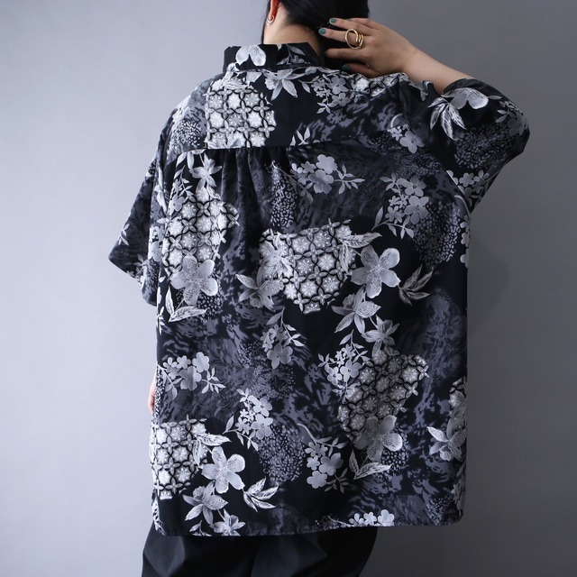 monotone beautiful flower pattern wide over silhouette h/s shirt